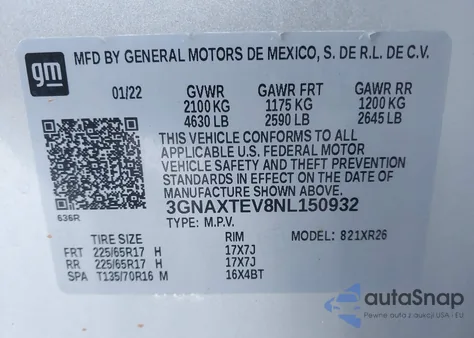 2022 Chevrolet Equinox Awd 2Fl z USA, uszkodzony, nr VIN 3GNAXTEV8NL150932
